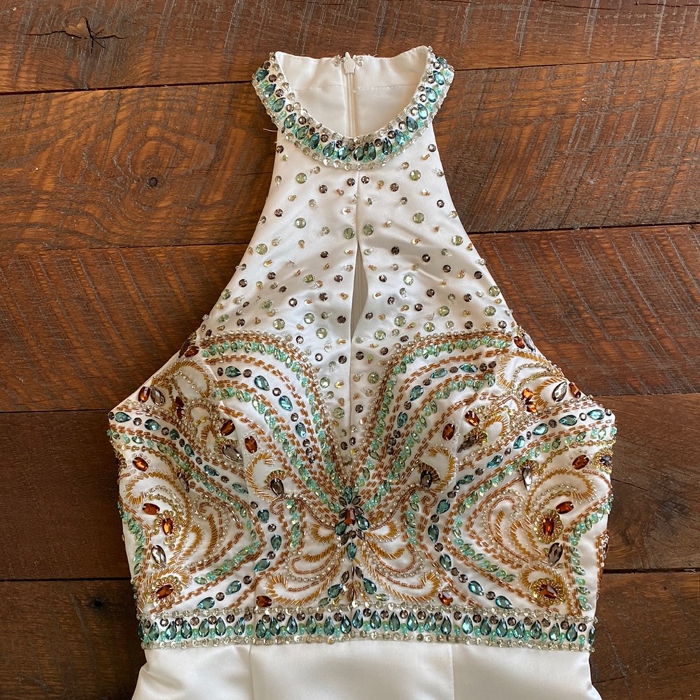 Le Gala White and Beaded Long Dress